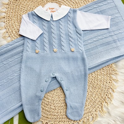  Saída de Maternidade Henry Salopete - Azul Bebê Manta Trança